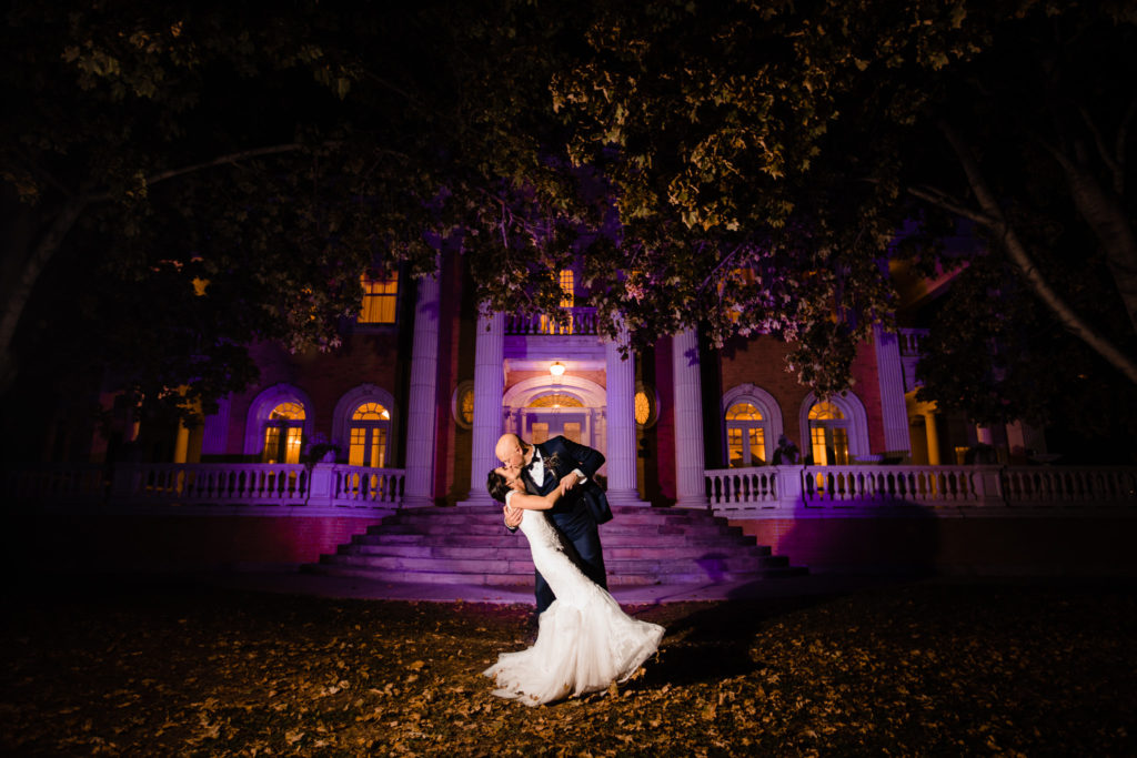 Bride and groom night shot at Grant humphreys mansion