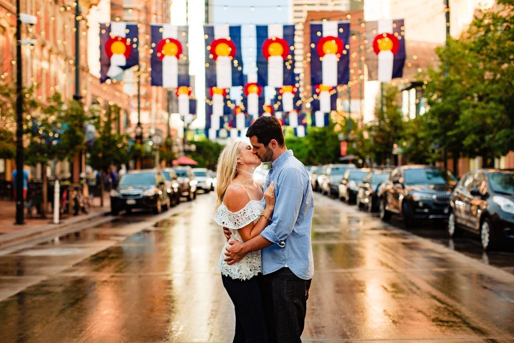 Sun-drenched streets after the rain in Denver.  Rainy skies sun-drenched Denver Engagement. 