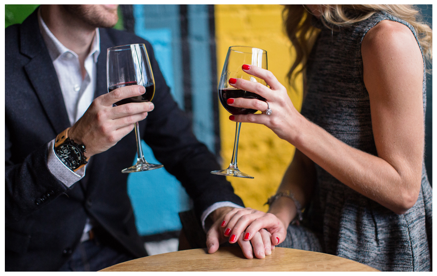 Wine bar engagement photos in downtown Denver