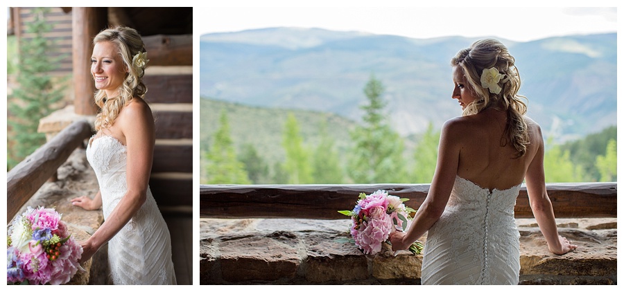 Bride looking out at mountains at The Ritz in Beaver Creek Summer wedding Ritz Carlton