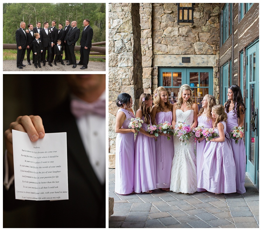 Grooms vows, Groom haning out with groomsmen and bride with her bridesmaids in purple dresses
