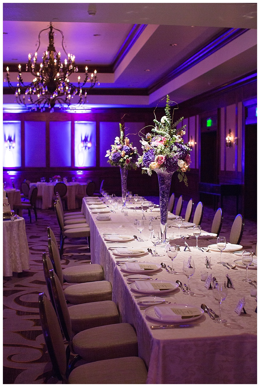 Wedding Reception at  the Ritz In Beaver Creek purple and pink flowers