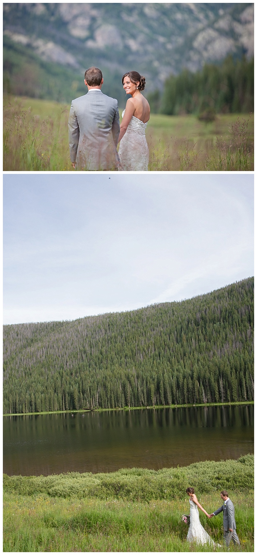 18 Bride  and Groom in fleld by lake in the mountains Piney River Ranch