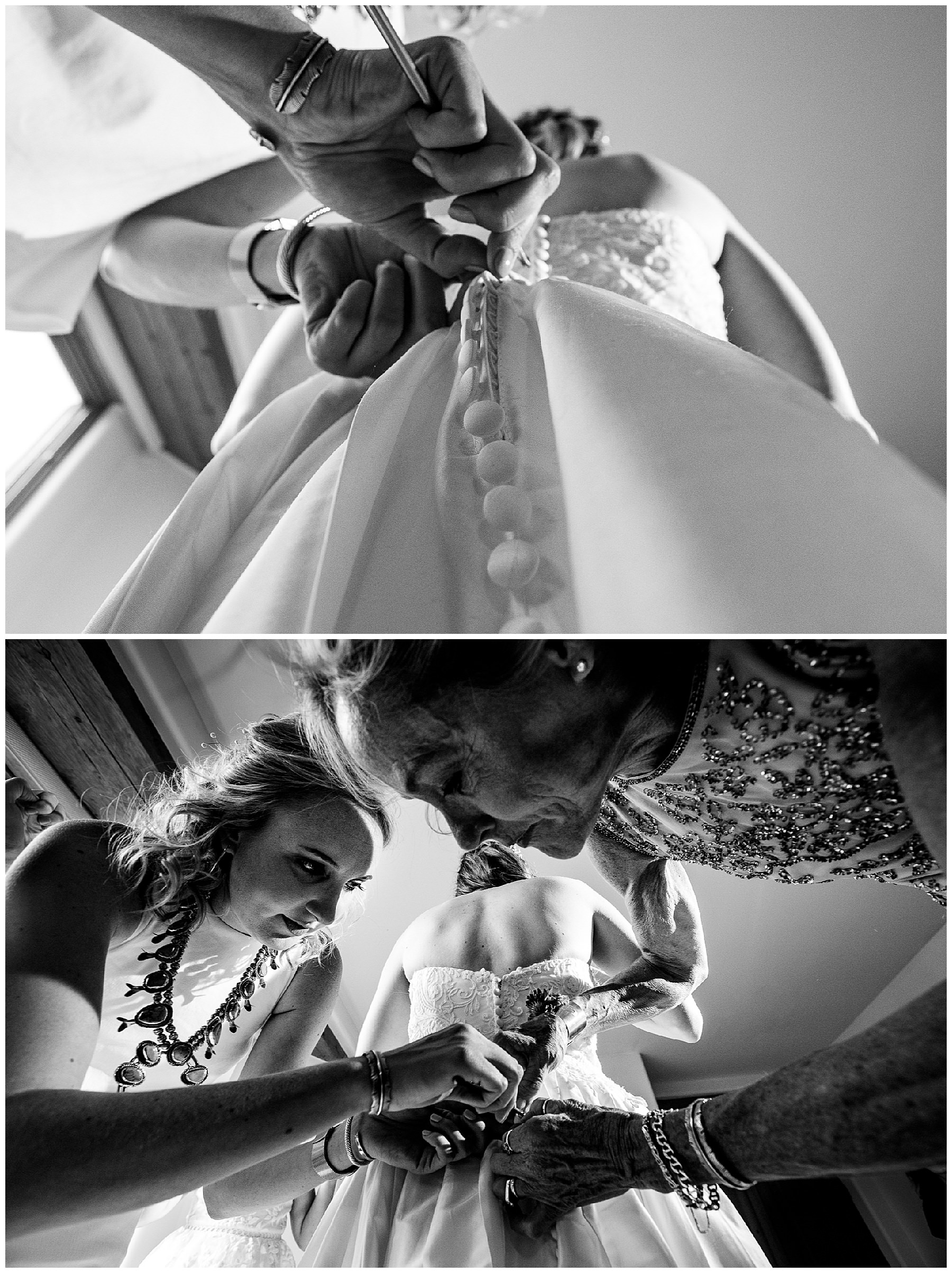 Bride getting dress buttoned help from mom and sister