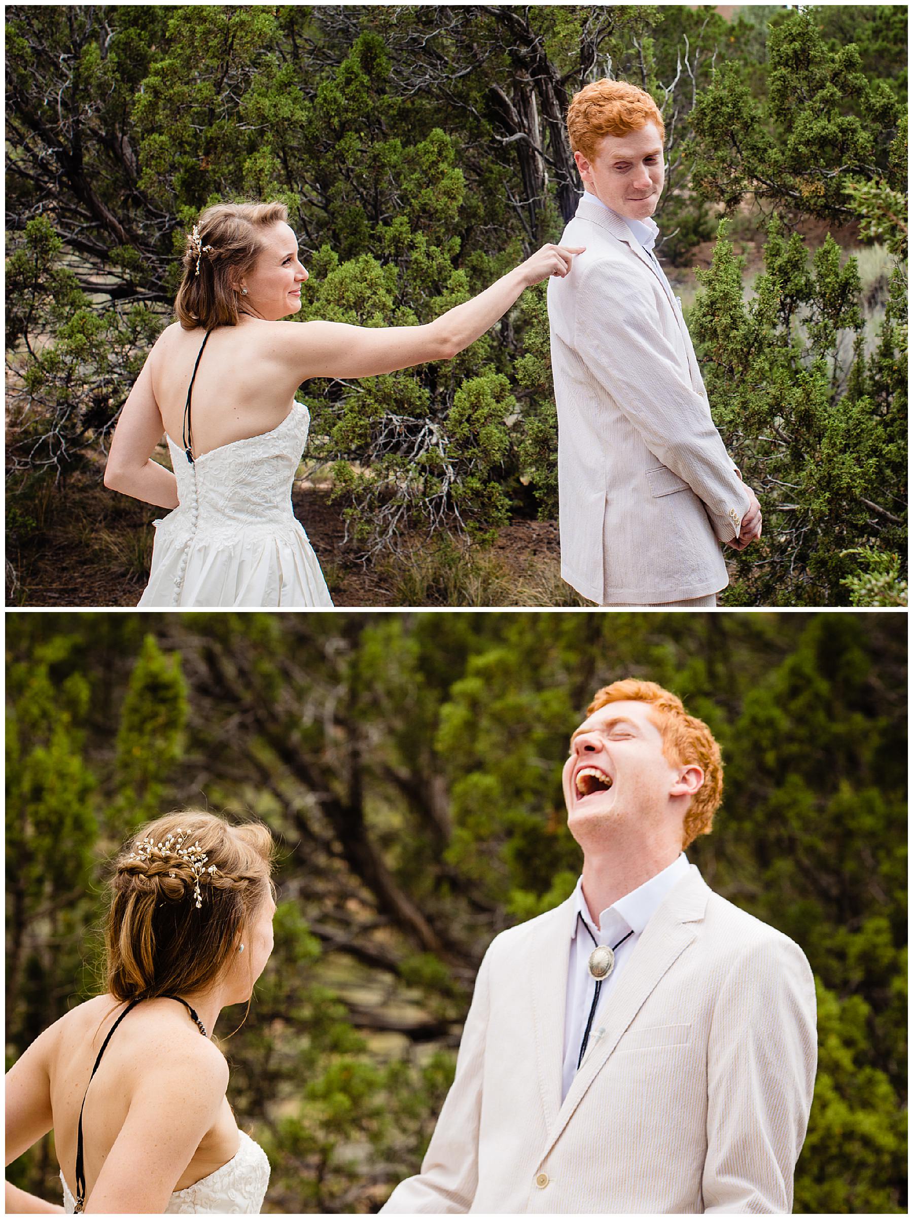 First look images from backyard wedding in Santa Fe