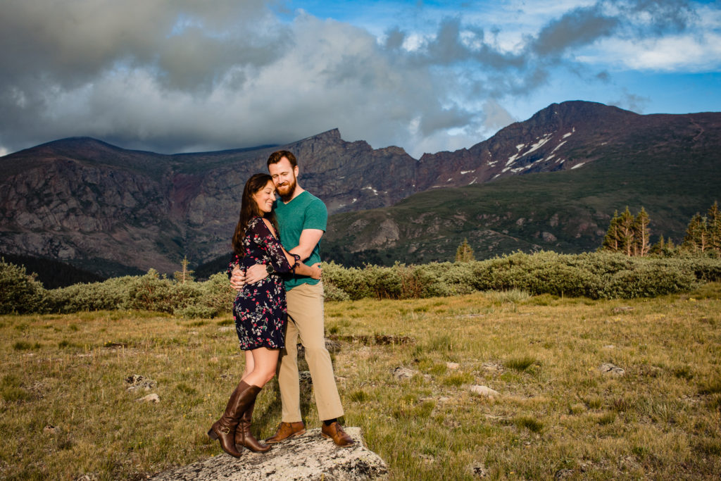 Rocky mountain engagement photos in Colorado at Sunset on Camping trip