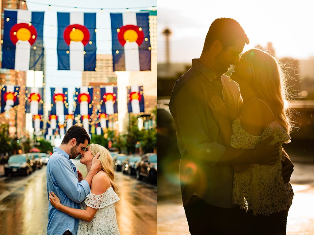 Rainy skies lead to sun-drenched streets in engagement photos in Denver.  Rainy skies, sun-drenched Denver Engagement.