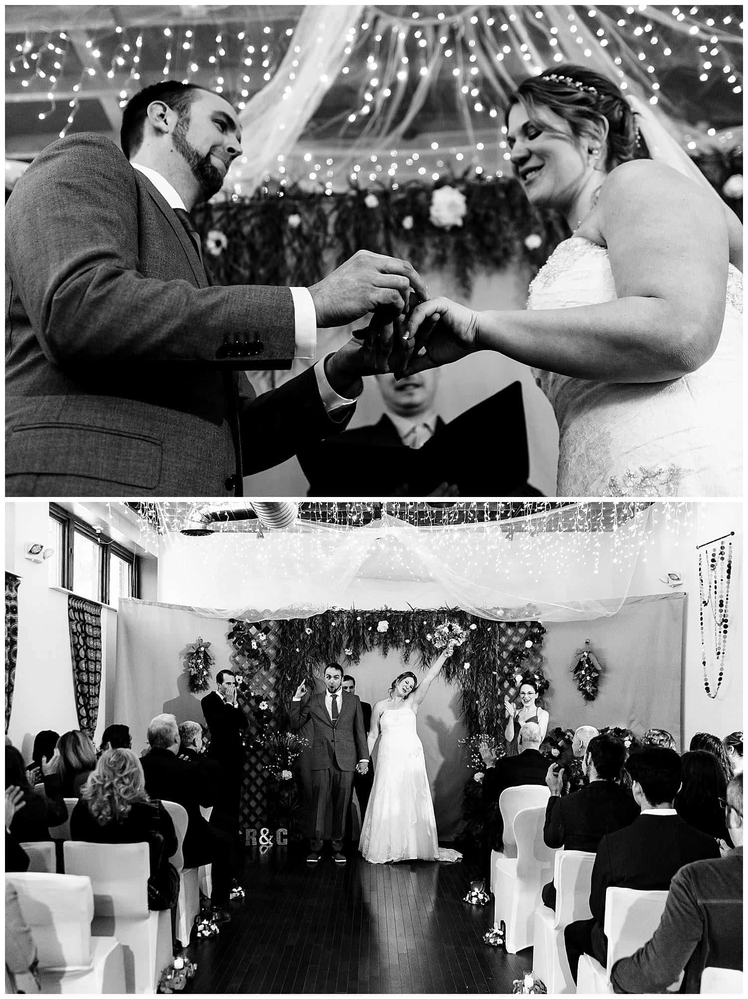 Black and white winter wedding ceremony photos