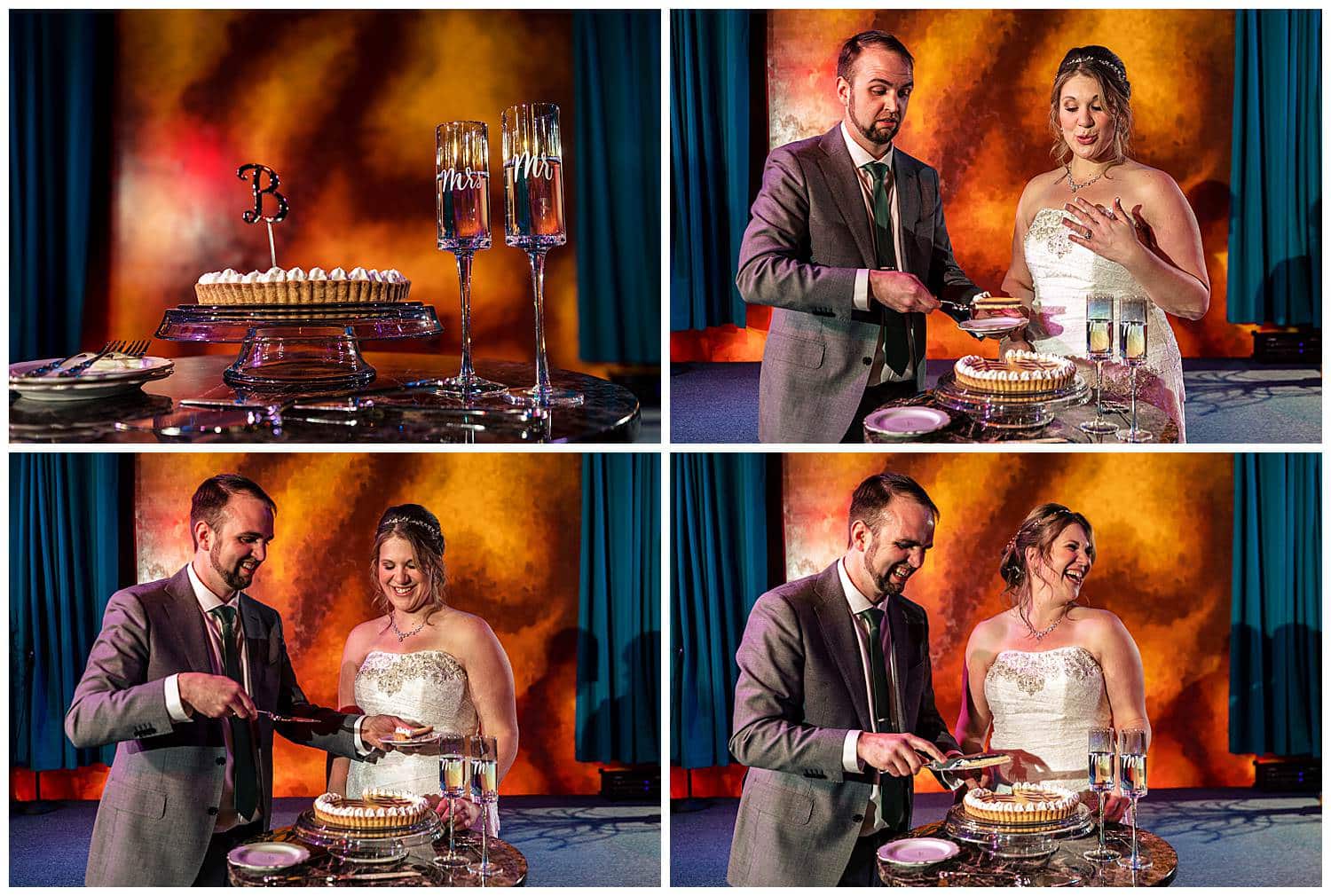 Funny cake cutting photos of bride and groom